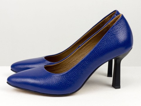 Дизайнерские туфли лодочки на  каблуке из натуральной итальянской кожи флотар  синего цвета,  Т-2115-11